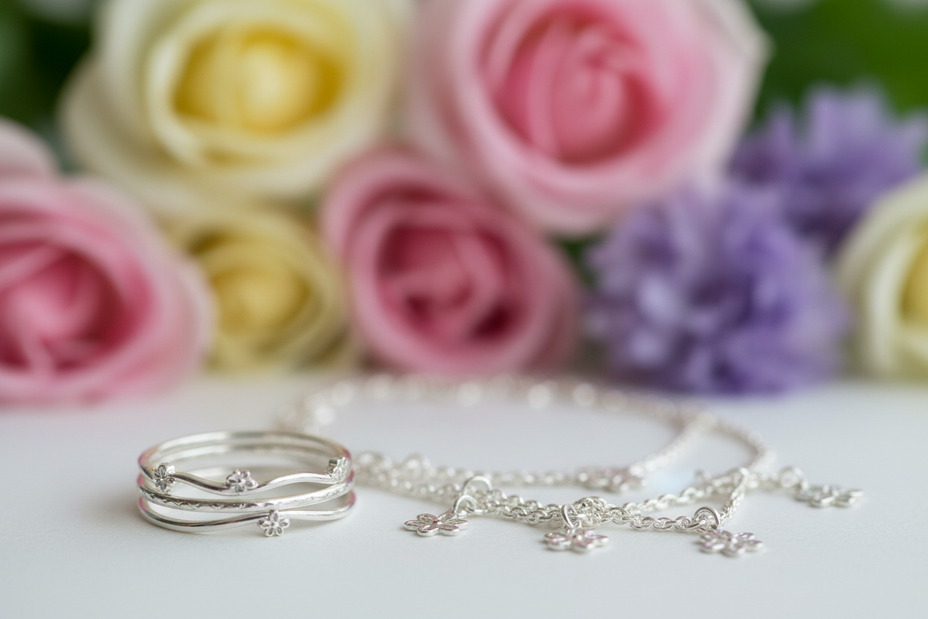 joyeria de plata con fondo de flores de cerca